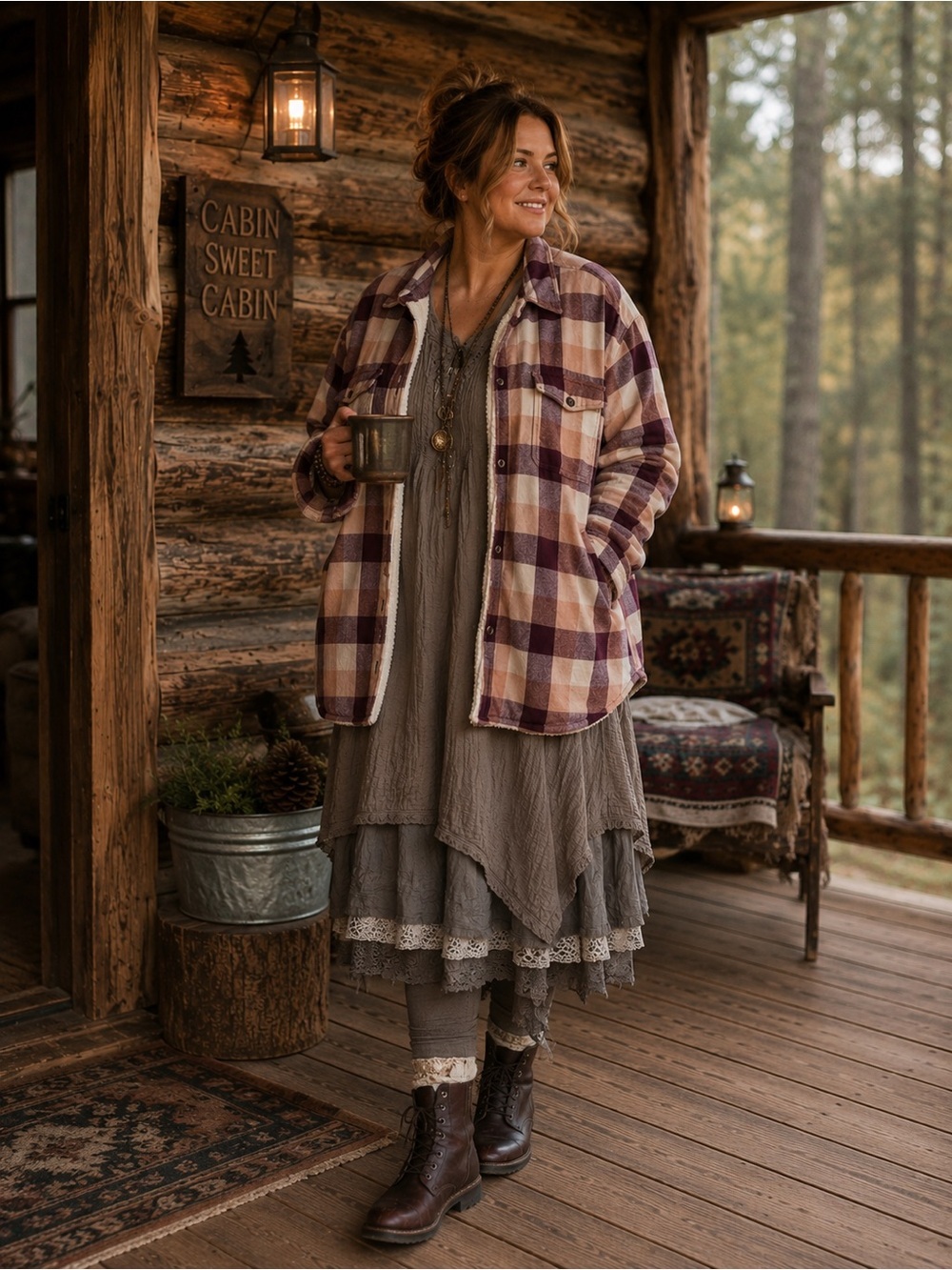 Natural Reflections Size XXL Pink, CreaM & Purple Plaid Sherpa Lined Shacket